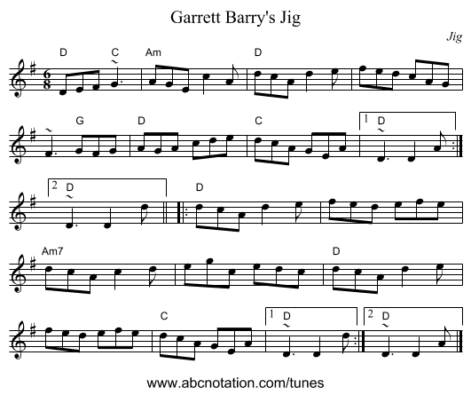 Garrett Barry's Jig - staff notation