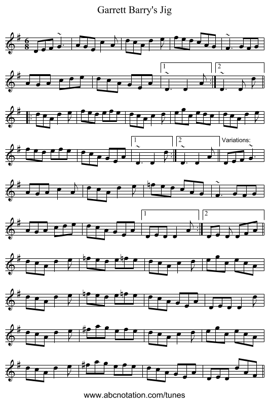 Garrett Barry's Jig - staff notation