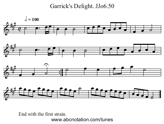 Garrick's Delight. JJo6.50 - staff notation