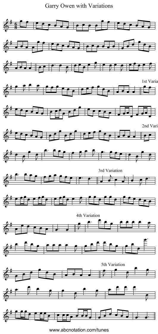Garry Owen with Variations - staff notation
