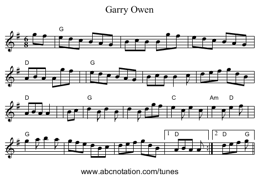 Garry Owen - staff notation