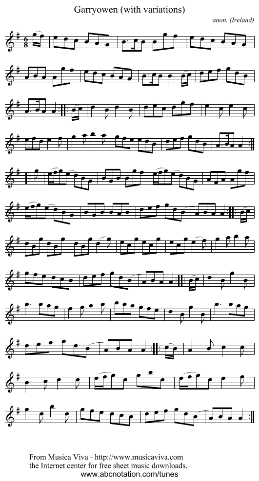 Garryowen (with variations) - staff notation