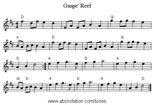 Gaspe' Reel - staff notation