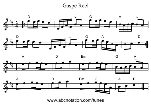 Gaspe Reel - staff notation