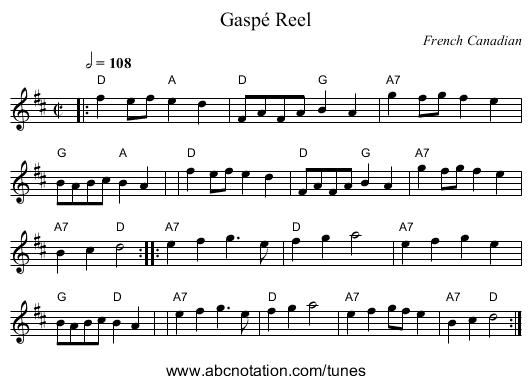Gaspé Reel - staff notation