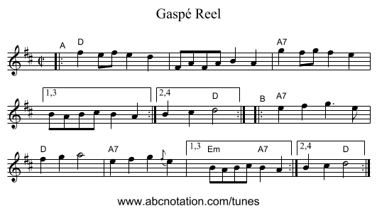 Gaspé Reel - staff notation