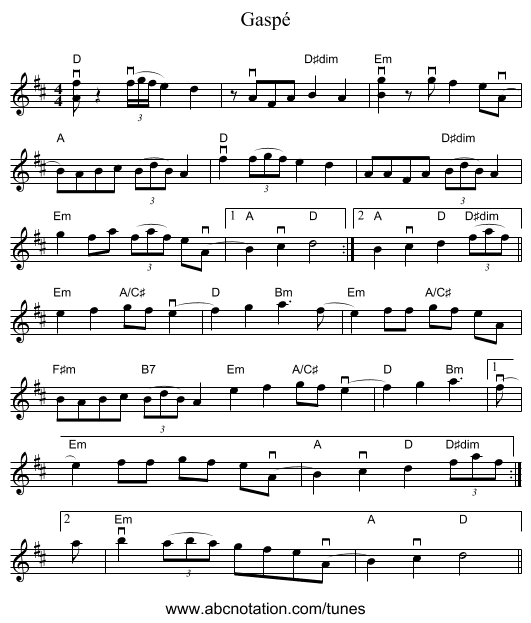 Gasp&eacute; - staff notation