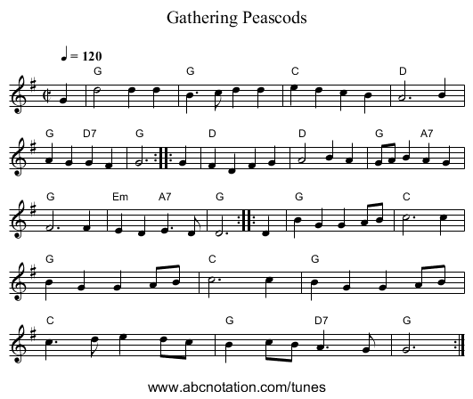 Gathering Peascods - staff notation