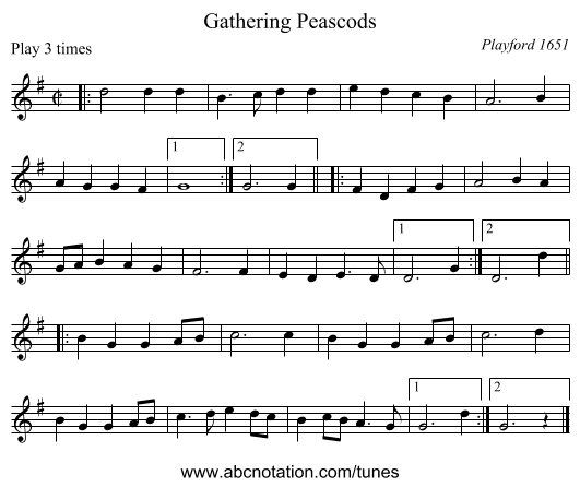 Gathering Peascods - staff notation