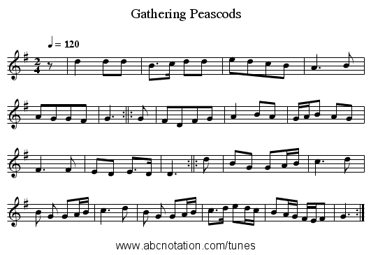Gathering Peascods - staff notation