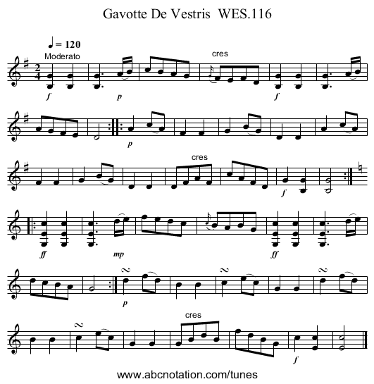 Gavotte De Vestris  WES.116 - staff notation
