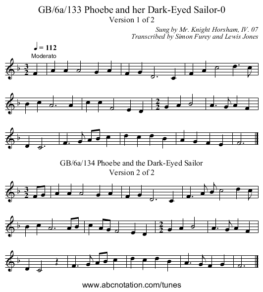 GB/6a/133 Phoebe and her Dark-Eyed Sailor-0 - staff notation