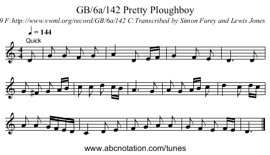 GB/6a/142 Pretty Ploughboy - staff notation
