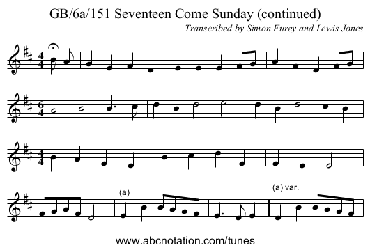 GB/6a/151 Seventeen Come Sunday (continued) - staff notation