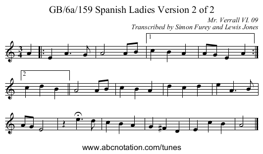 GB/6a/159 Spanish Ladies Version 2 of 2 - staff notation
