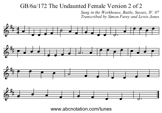GB/6a/172 The Undaunted Female Version 2 of 2 - staff notation