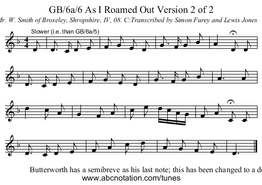 GB/6a/6 As I Roamed Out Version 2 of 2 - staff notation