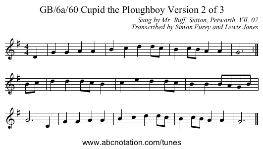 GB/6a/60 Cupid the Ploughboy Version 2 of 3 - staff notation