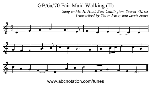 GB/6a/70 Fair Maid Walking (II) - staff notation
