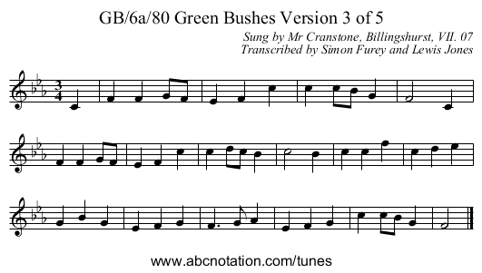 GB/6a/80 Green Bushes Version 3 of 5 - staff notation
