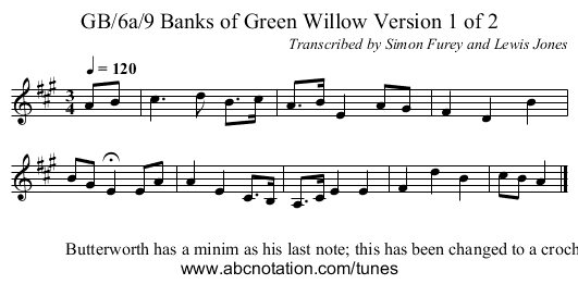 GB/6a/9 Banks of Green Willow Version 1 of 2 - staff notation