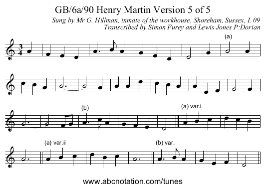 GB/6a/90 Henry Martin Version 5 of 5 - staff notation
