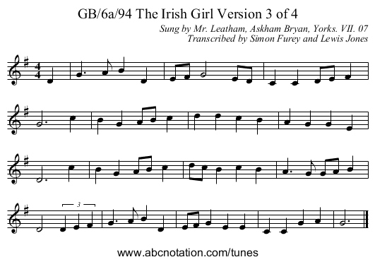 GB/6a/94 The Irish Girl Version 3 of 4 - staff notation