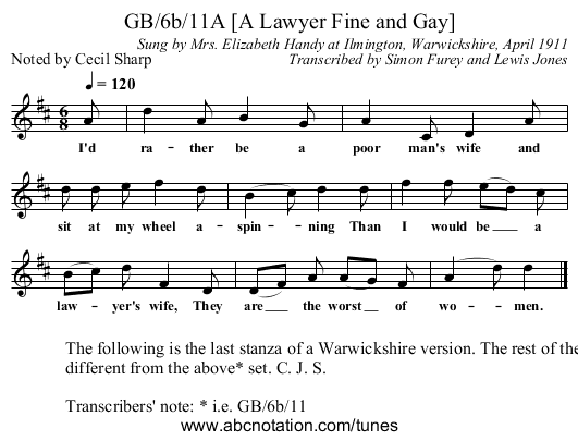 GB/6b/11A [A Lawyer Fine and Gay] - staff notation