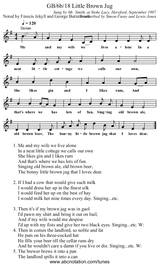 GB/6b/18 Little Brown Jug - staff notation