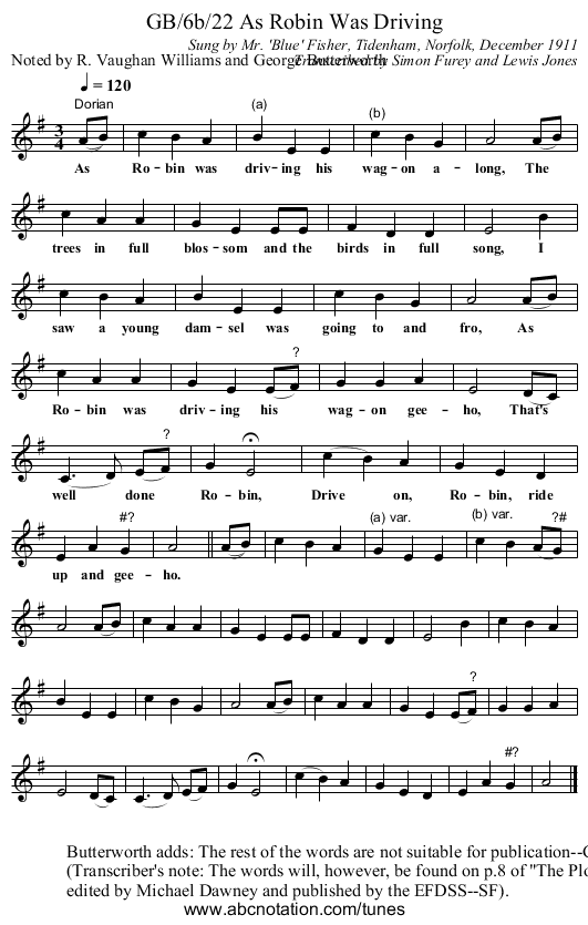GB/6b/22 As Robin Was Driving - staff notation