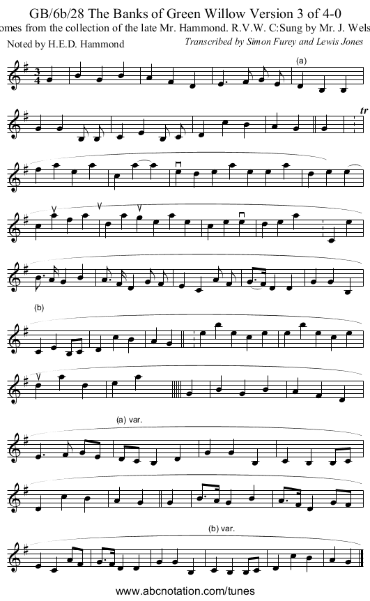 GB/6b/28 The Banks of Green Willow Version 3 of 4-0 - staff notation