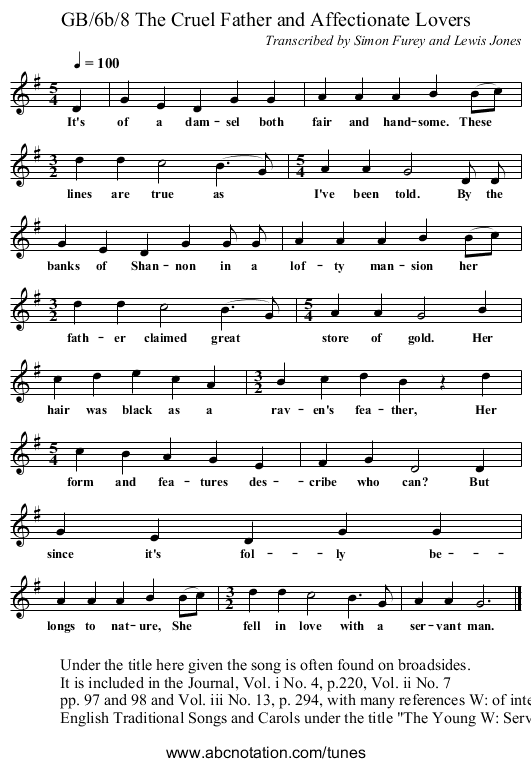 GB/6b/8 The Cruel Father and Affectionate Lovers - staff notation