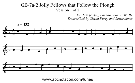 GB/7a/2 Jolly Fellows that Follow the Plough - staff notation