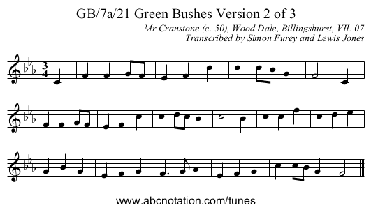 GB/7a/21 Green Bushes Version 2 of 3 - staff notation