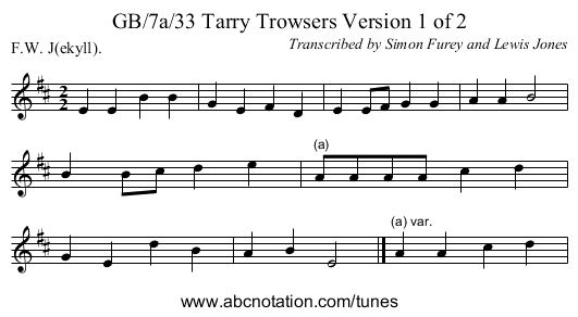 GB/7a/33 Tarry Trowsers Version 1 of 2 - staff notation