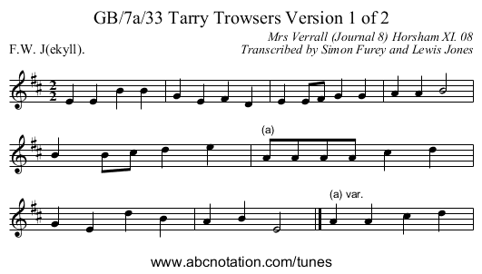 GB/7a/33 Tarry Trowsers Version 1 of 2 - staff notation
