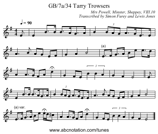 GB/7a/34 Tarry Trowsers - staff notation