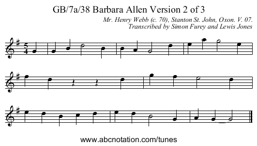 GB/7a/38 Barbara Allen Version 2 of 3 - staff notation