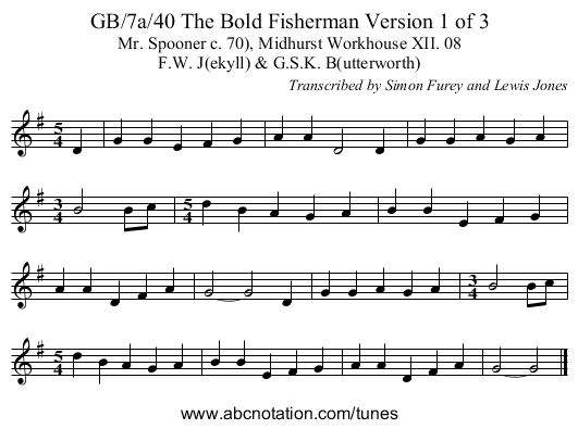 GB/7a/40 The Bold Fisherman Version 1 of 3 - staff notation
