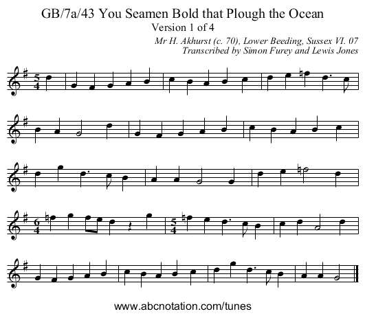 GB/7a/43 You Seamen Bold that Plough the Ocean - staff notation