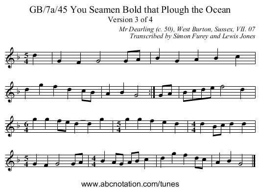 GB/7a/45 You Seamen Bold that Plough the Ocean - staff notation