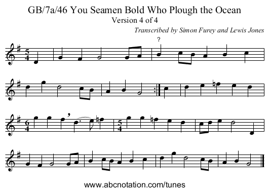 GB/7a/46 You Seamen Bold Who Plough the Ocean - staff notation