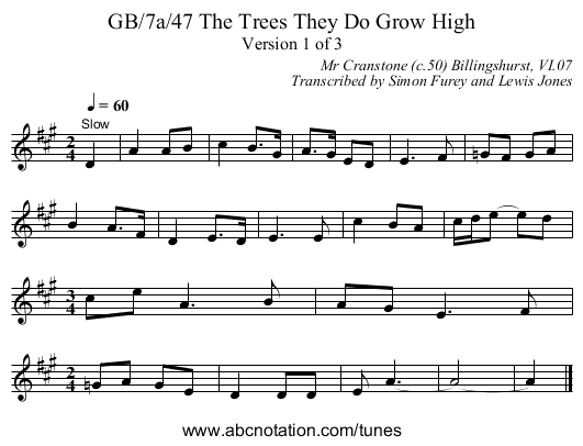 GB/7a/47 The Trees They Do Grow High - staff notation