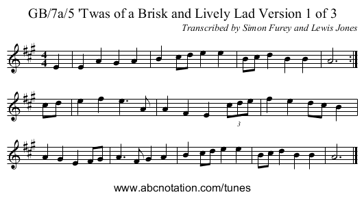 GB/7a/5 'Twas of a Brisk and Lively Lad Version 1 of 3 - staff notation