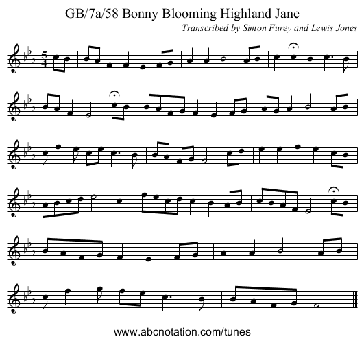 GB/7a/58 Bonny Blooming Highland Jane - staff notation