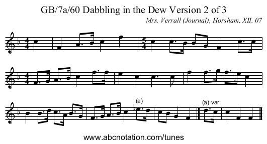 GB/7a/60 Dabbling in the Dew Version 2 of 3 - staff notation