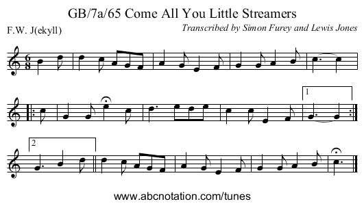 GB/7a/65 Come All You Little Streamers - staff notation