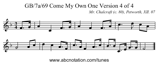 GB/7a/69 Come My Own One Version 4 of 4 - staff notation