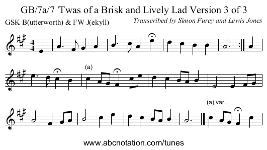 GB/7a/7 'Twas of a Brisk and Lively Lad Version 3 of 3 - staff notation