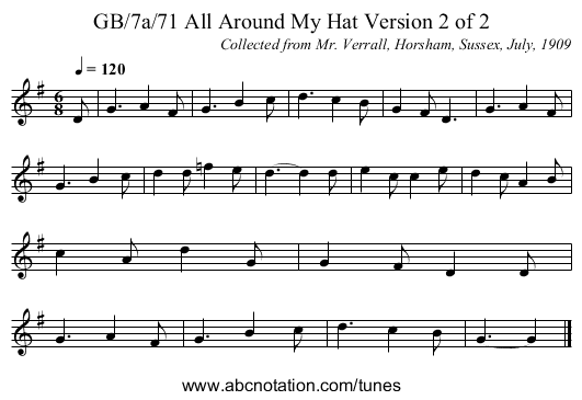 GB/7a/71 All Around My Hat Version 2 of 2 - staff notation